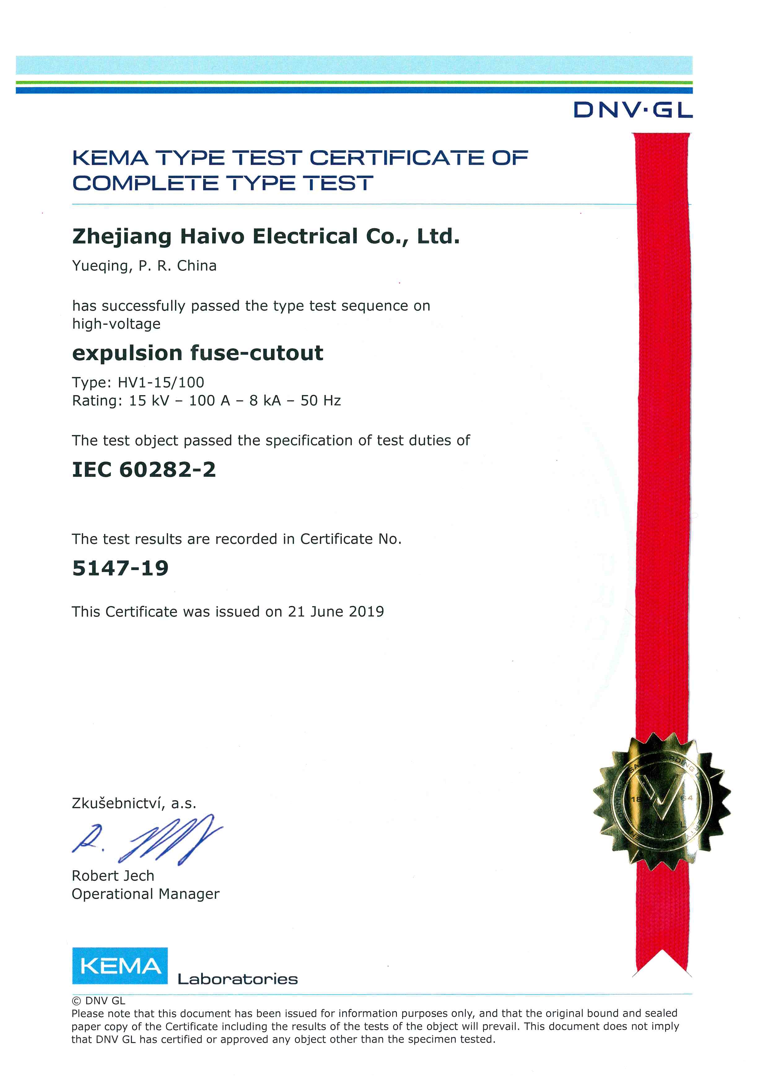 CORTE FUSIBLE HV1-15-100 CERTIFICADO KEMA
